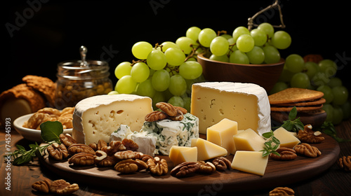 Cheese plate with different types of chees, grape and bread, steel life on a wooden board