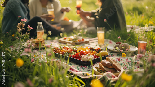 Um grupo diverso de amigos aproveitando um piquenique em um parque verde exuberante com comida e bebida em um cobertor estampado floral