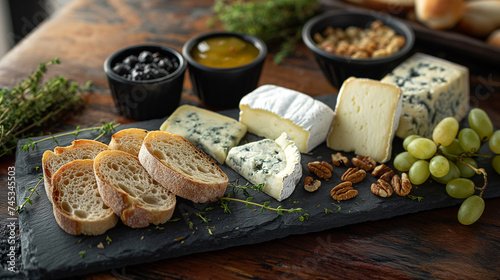 Cheese plate with different types of chees, grape and bread, steel life on a wooden board