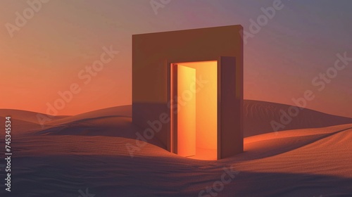 opened door on desert. unknown and start up concept. this is a 3d illustration, representing adventure and opportunity in the digital age