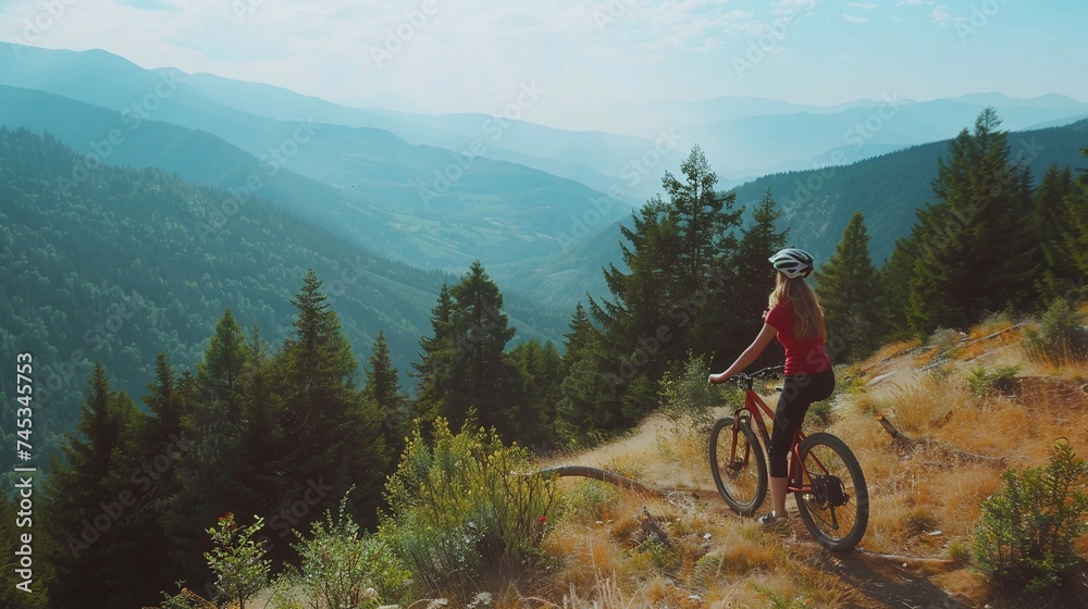 summer mountain biking adventure with woman cyclist exploring forest trails in picturesque landscape
