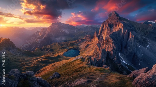 The panorama captures a breathtaking sunset casting golden hues over a majestic mountain range with alpine lakes nestled in valleys. Resplendent.