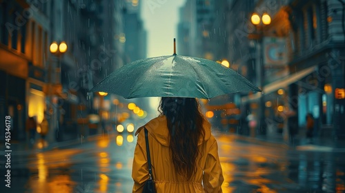 Woman in yellow clothes stood on the street, holding an umbrella on a rainy. Generative AI.