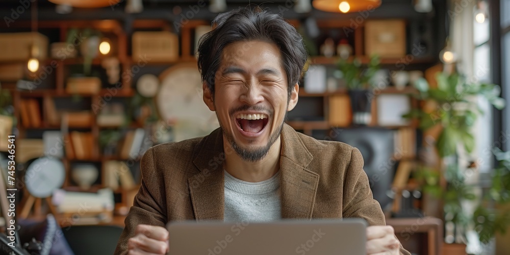 Smiling young Asian man working happily at home on his laptop, radiating success. Smiling young Asian man working happily at home on his laptop, radiating success.