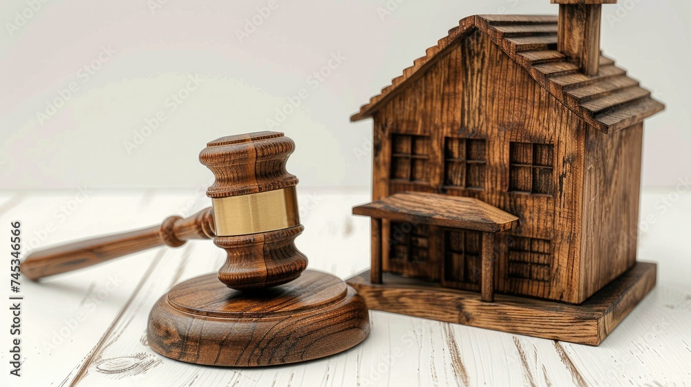Wooden house icon and gavel on white background, Divorce and property division concept. Generative AI. Wooden house icon and gavel on white background, Divorce and property division concept. Generative AI.