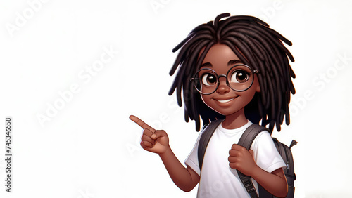 Cheerful African American child with dreadlocks, glasses, a white T-shirt, with a backpack, smiles and points his finger towards the empty space for copy space, white background