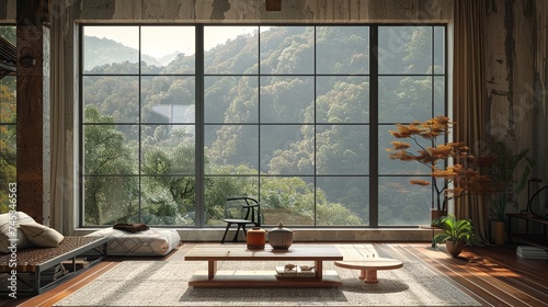 panoramic window in cozy living room interior with table and empty wall, creating a serene and inviting ambiance for relaxation