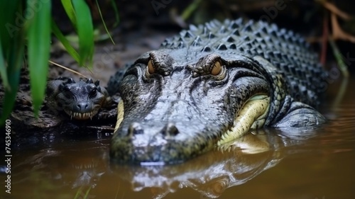 A Crocodile reptile caressing its calf Generated photo
