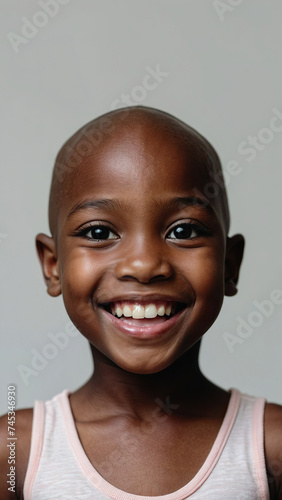 Smiling dark-skinned child without hair who beat cancer. As a symbol of positive thinking in the fight against cancer. © Sahaidachnyi Roman