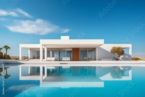 Exterior of modern house with swimming pool and blue sky. 3d rendering © Kristina
