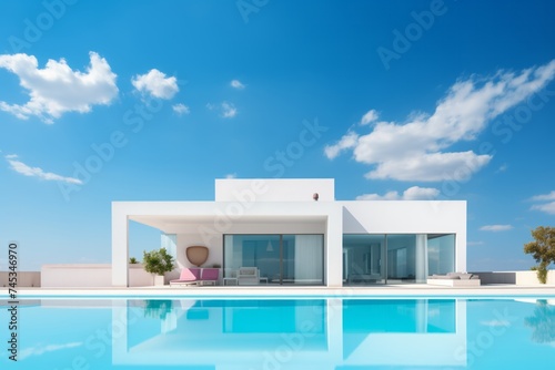 Exterior of modern house with swimming pool and blue sky. 3d rendering