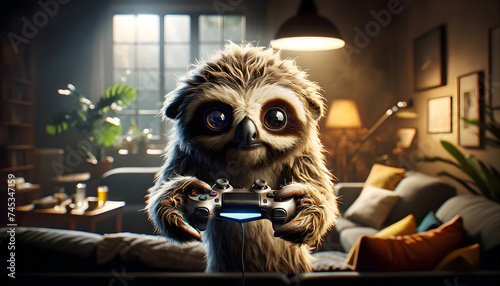 Sloth in a living room playing video games