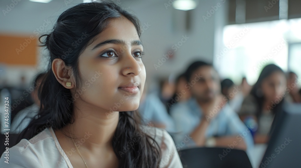 college education concept featuring portrait of south asian female student in diverse class, indian girl attentively listening to teacher while using computer for IT learning college education concept featuring portrait of south asian female student in diverse class, indian girl attentively listening to teacher while using computer for IT learning