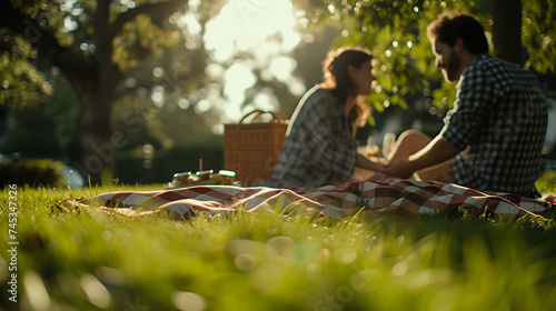 Um casal desfrutando de um piquenique ensolarado no parque com uma manta xadrez e cesta de vime ao fundo photo