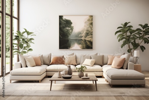 interior with white sofa and coffee table. 3d rendered illustration © Kristina