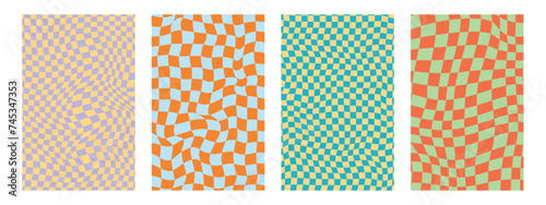 4 wavy psychedelic checker pattern. Retro funky y2k design. Vector illustration in green and orange