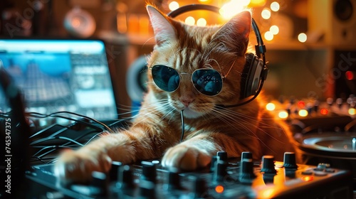 stylish ginger cat wearing sunglasses and headphones spinning tunes as a disc jockey, bringing groovy vibes and playful energy to the party atmosphere