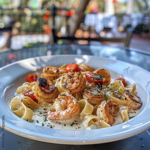 Elegant dining setup with a plate of succulent grilled shrimp pasta. Flavorful seafood dish in an upscale outdoor restaurant setting. Gourmet meal with pasta and shrimp ready to be enjoyed. photo