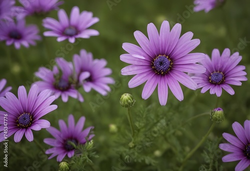 Purple flower in the garden. Osteospermum fruticosum  light pink flowers with dark purple center and orange pollen. barberiae Cape daisy bush. African moon is flowering plant of the Asteraceae family.