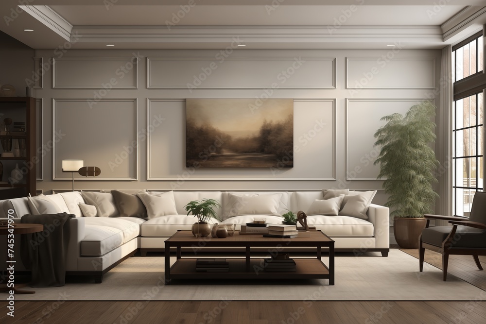 Fototapeta premium interior with white sofa, 3d render illustration mock up.