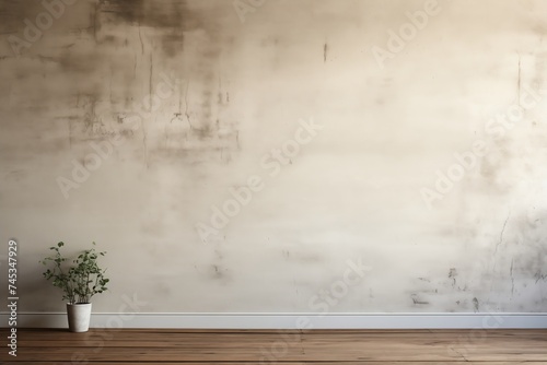 empty room with plant in vase on wooden floor and concrete wall background