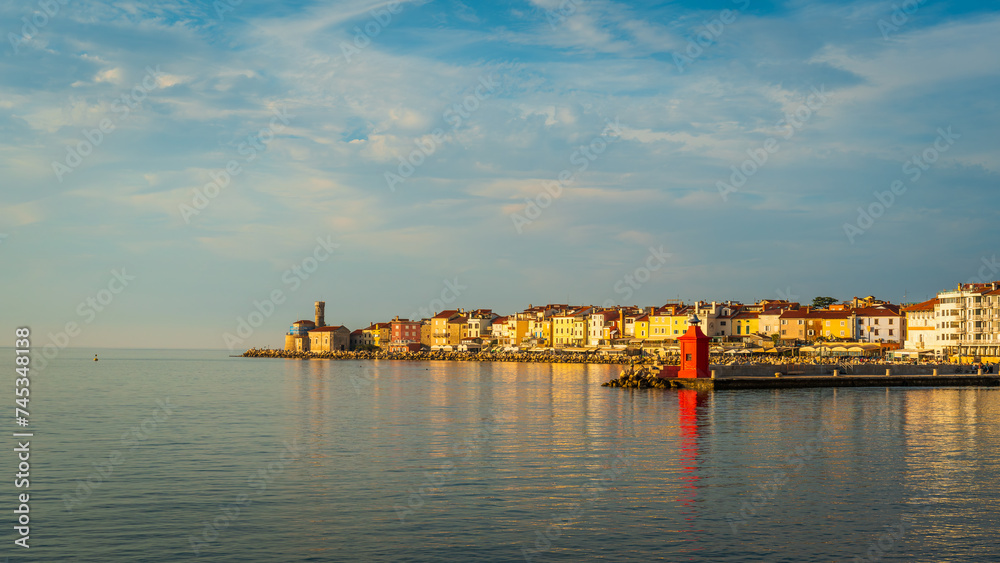 Piran, Slovenia - panorama of a beautiful seaside town located on the Adriatic Sea. Slovenian tourist attraction and travel destination