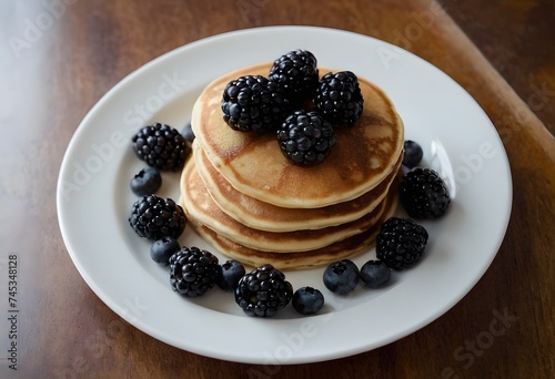 Pancakes With Black Berries on White Ceramic Plate