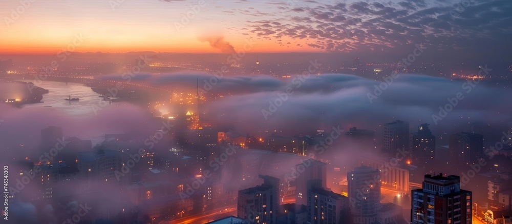 Portrait of a city shrouded in thick fog. AI generated image