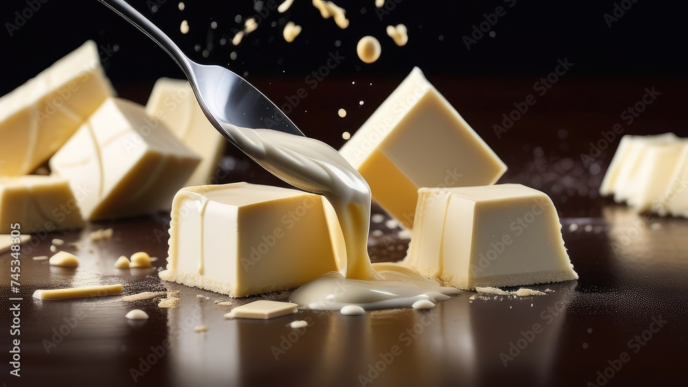 pieces of milk and white chocolate fly in the air pieces of milk and white chocolate fly in the air