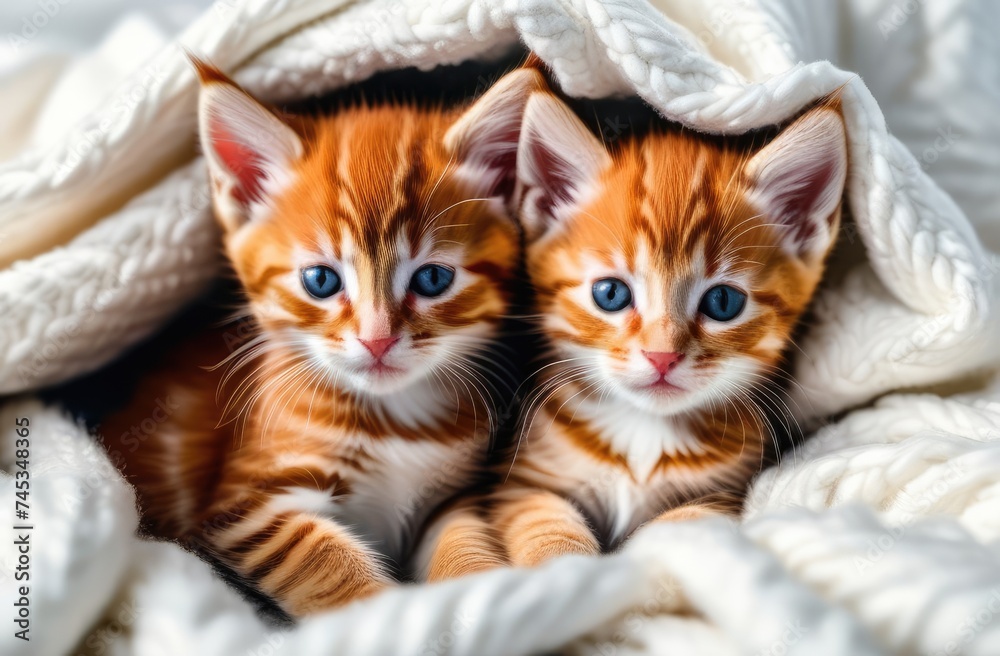 little red kittens lie covered with a white fluffy blanket