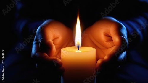 a burning candle in his hands, close-up