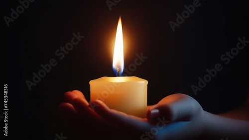 a burning candle in his hands, close-up