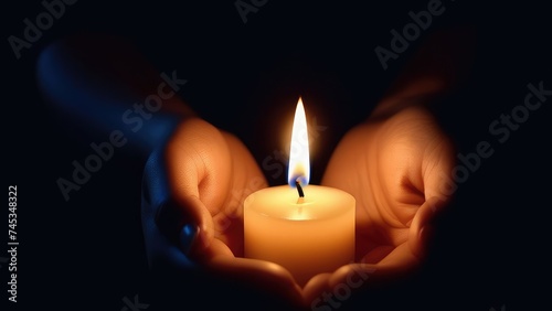 a burning candle in his hands, close-up