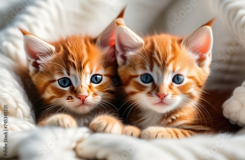 little red kittens lie covered with a white fluffy blanket