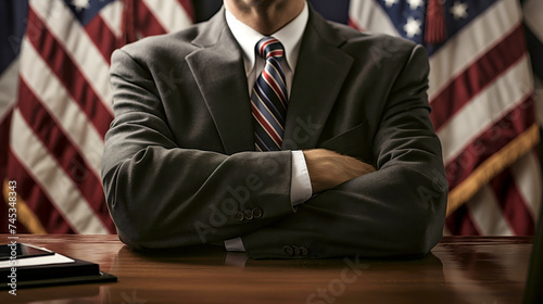 US male politician or bureaucrat sitting at his desk with his arms crossed with many US flags in the background photo