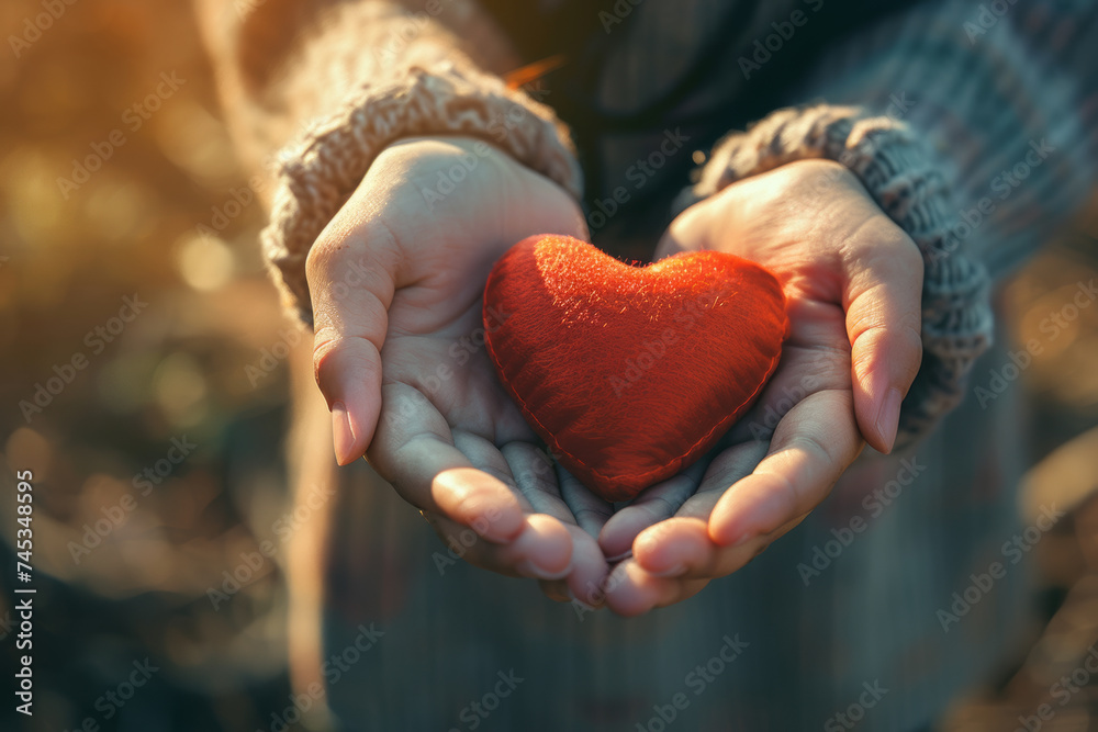 Autumnal Embrace of Love: Hands Cradling Red Heart, Hands cupping a plush red heart against an autumn backdrop Autumnal Embrace of Love: Hands Cradling Red Heart, Hands cupping a plush red heart against an autumn backdrop