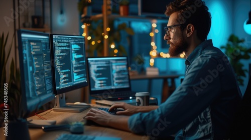 A software developer is engrossed in writing code on dual monitors, indicative of the concentration required in software engineering. AIG41 photo