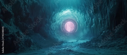 A dark tunnel underground in a gold mine shaft is illuminated by a glowing light at the end. The tunnel drifts mesmerizingly towards the light, offering a captivating sight of exploration through the