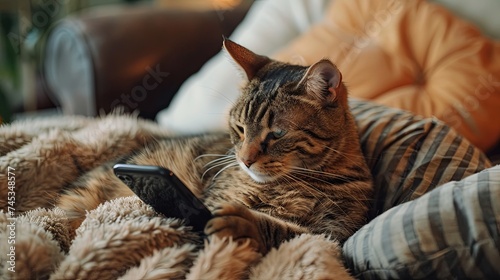 Domestic cat using smartphone internet online concept wallpaper background