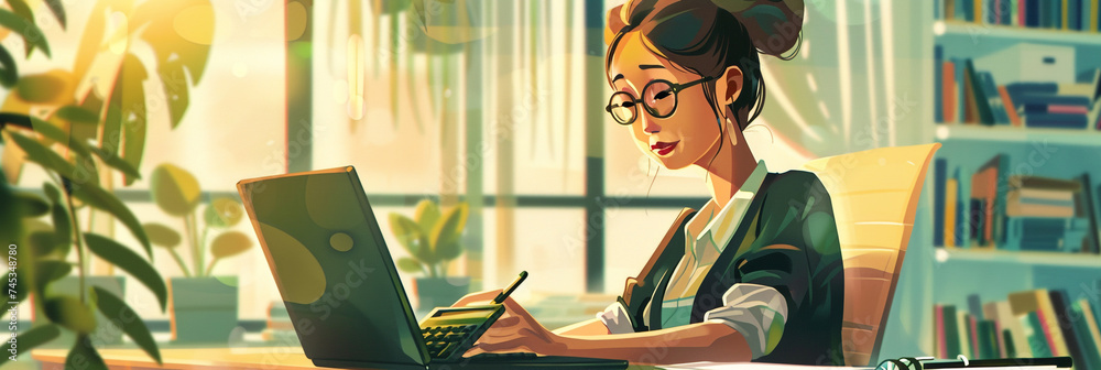 Illustration of a Businesswoman using laptop and calculator to do taxes calculation - obrazy, fototapety, plakaty 