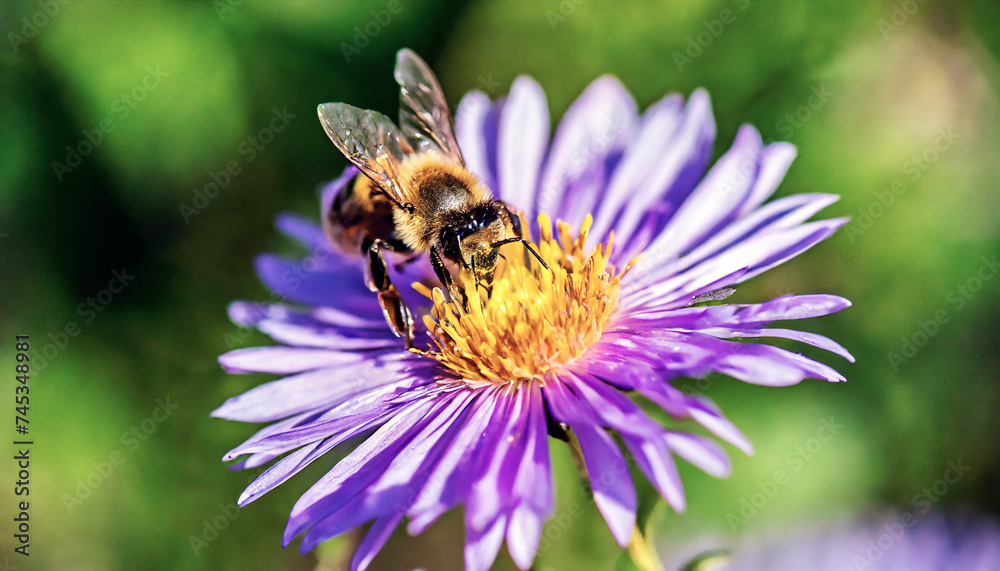 A bee pollinating a vibrant purple flower in a lush green setting. A bee pollinating a vibrant purple flower in a lush green setting.