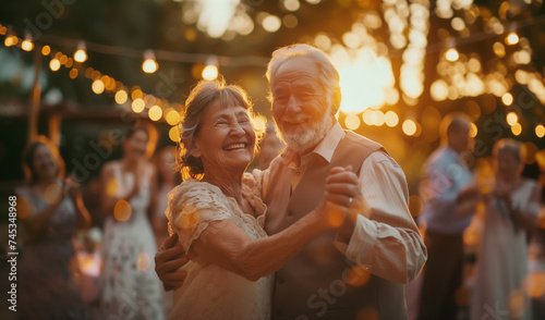 Happy elegant dressed elderly grey-haired couple cheerful smiling when they dancing on 60th Wedding Anniversary ceremony among friends, family relatives on backyard. Happiness of relationships concept photo