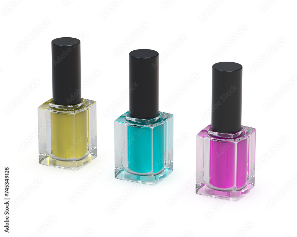 three bottles of nail polish sitting next to each other on a white surface. 3D rendering