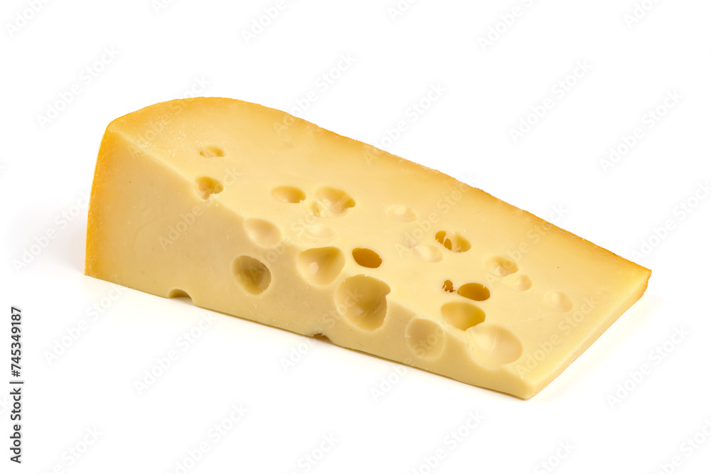 Traditional Maasdam cheese, isolated on white background. High resolution image.