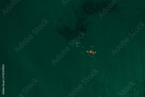 Aerial top nature view above green turquoise Thracian sea Greece Ellada. Beautiful woman bikini