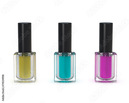 three bottles of nail polish sitting next to each other on a white surface. 3D rendering