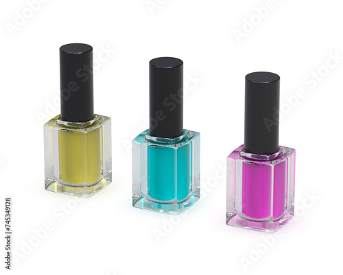 three bottles of nail polish sitting next to each other on a white surface. 3D rendering