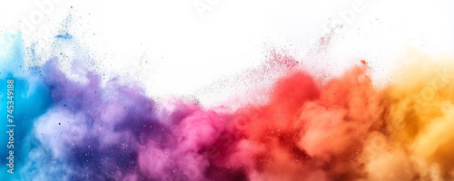 Abstract colorful rainbow pigment gulal powder dust particles smoke spray. Holi background. Festive Indian happy holiday card, invitation or banner backdrop. Hindu festival of colours 8k Wallpaper.