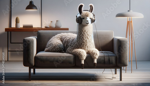Funny lama in living room with headphones and listening to music photo