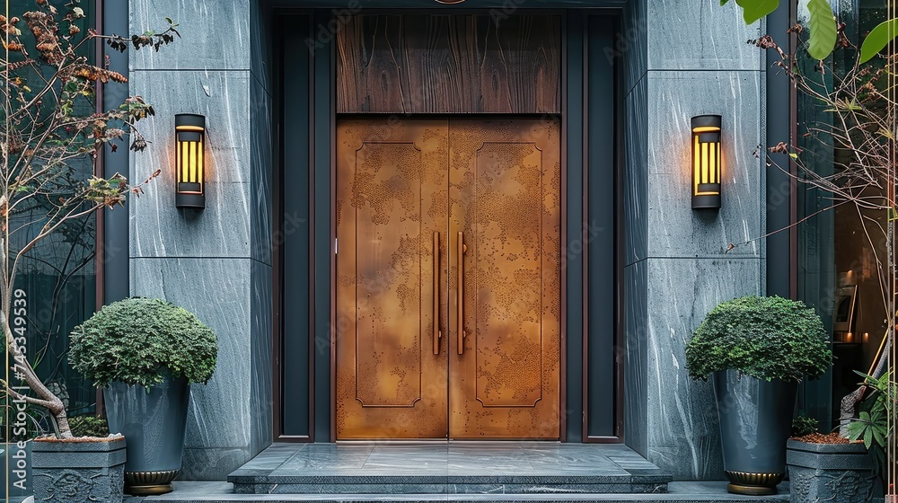 Chinese style villa entrance door, dark grey cement texture wall, warm tone, double door with door head. Generative AI. - obrazy, fototapety, plakaty 